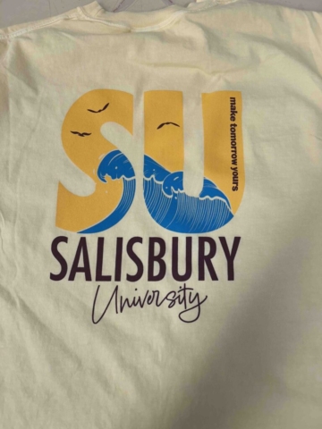 Salisbury University White t-shirt with back print in yellow, blue and maroon reads SU - make tomorrow yours - Salisbury University.