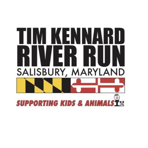 Tim Kennard River Run Screen print design for Tim Kennard River Run in black, yellow and red reads Tim Kennard River Run, Salisbury, MD, Supporting Kids & Animals. Maryland flag and cartoons within design.