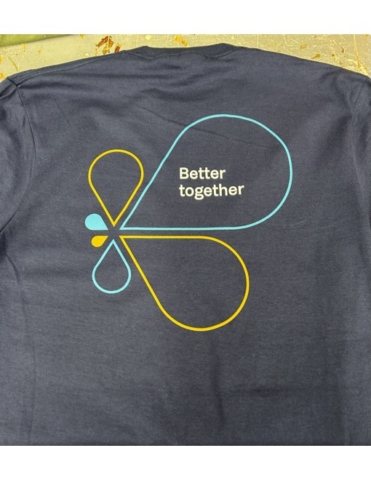 Tidal Health Dark gray shirt with three color - blue, yellow, and white - screen print on back reading Better Together.